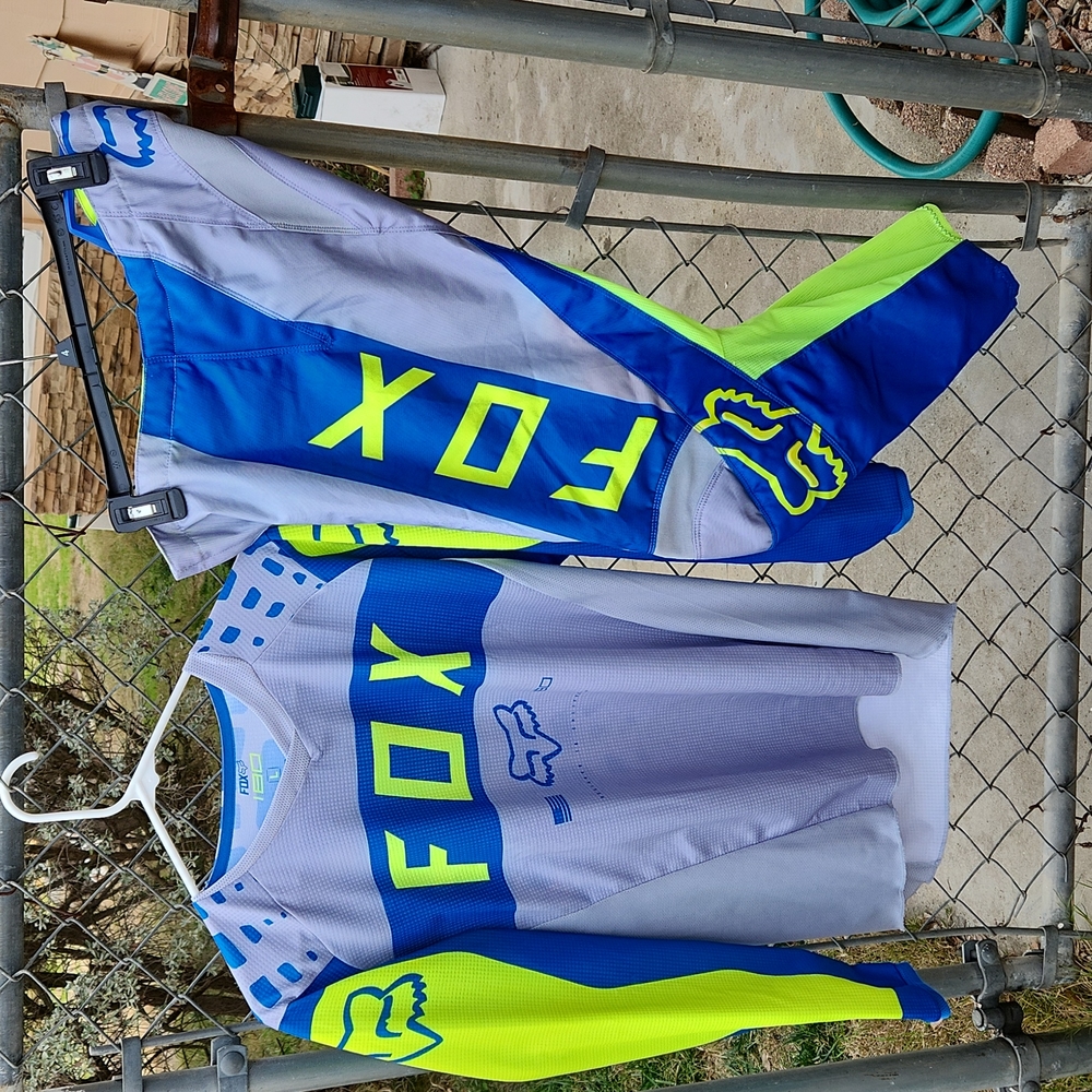Womens Fox Dirt Bike gear, pant and jersey set, grey, royal blue, flo yellow